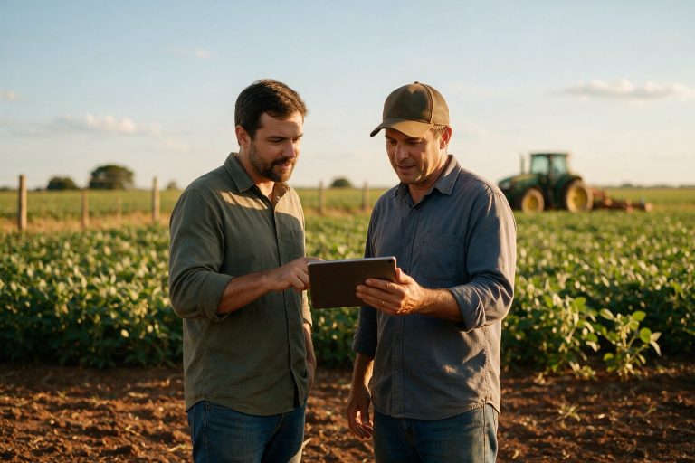 Marketing rural: representante técnico e produtor rural olhando dados no tablet na beira da lavoura